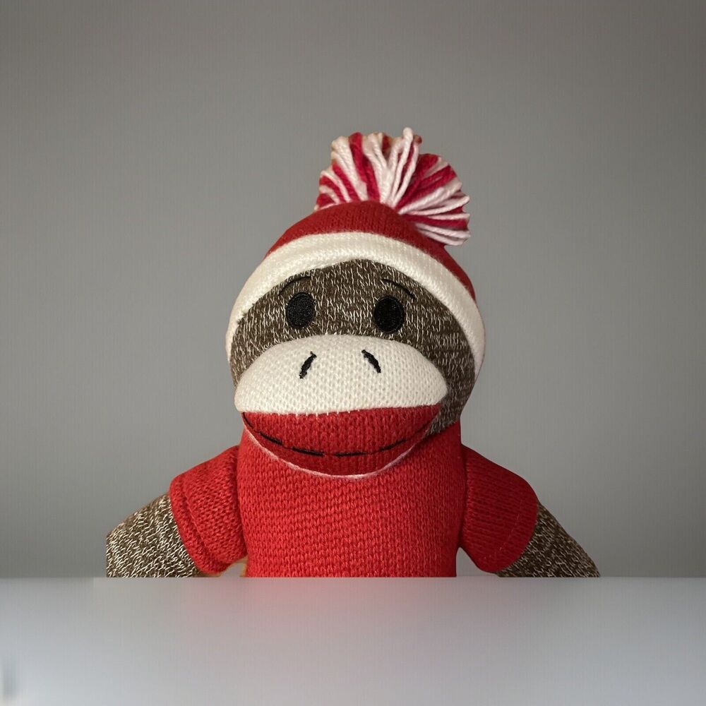 Sock Monkey Plush Red Short Sleeve Sweater Red Pom Pom Cap 15”